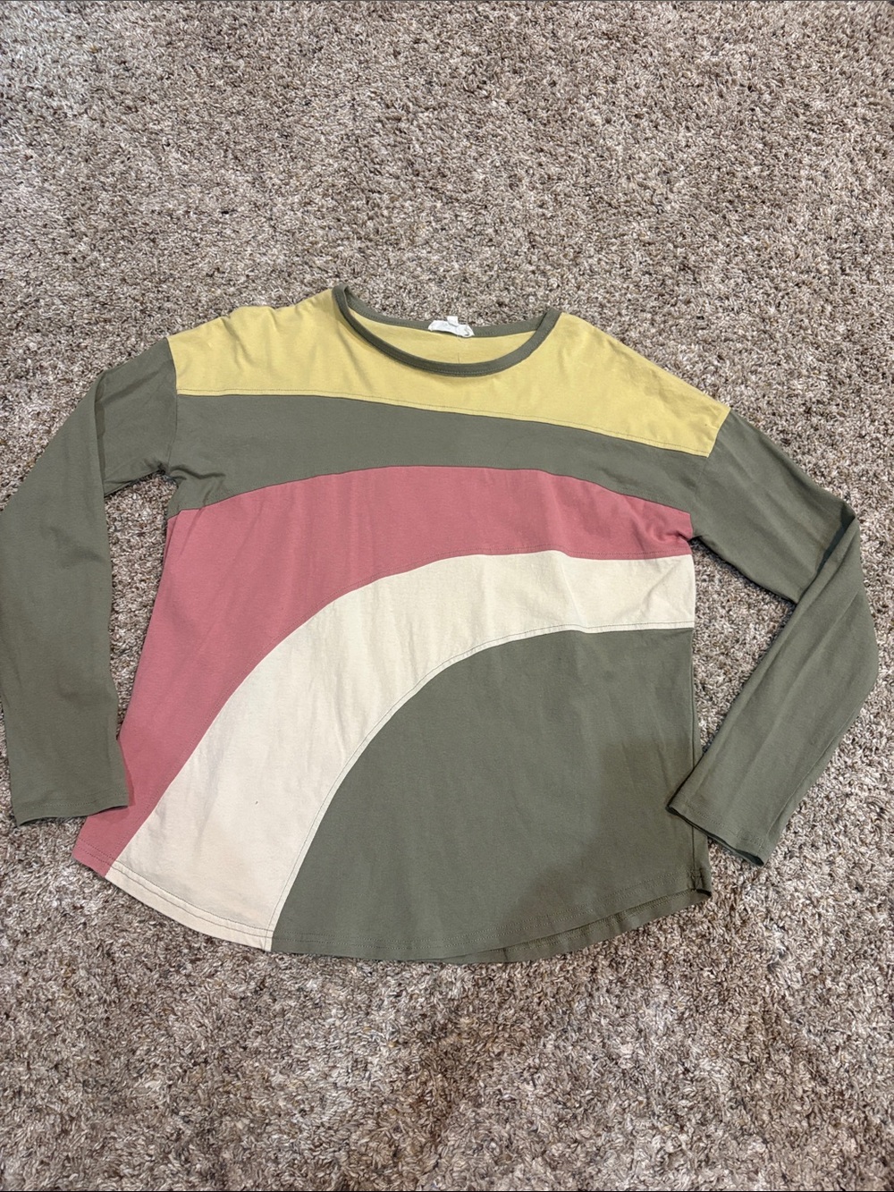 easel Colorblock Curved Panel Long Sleeve Tee - Olive, Pink, Cream & Yellow